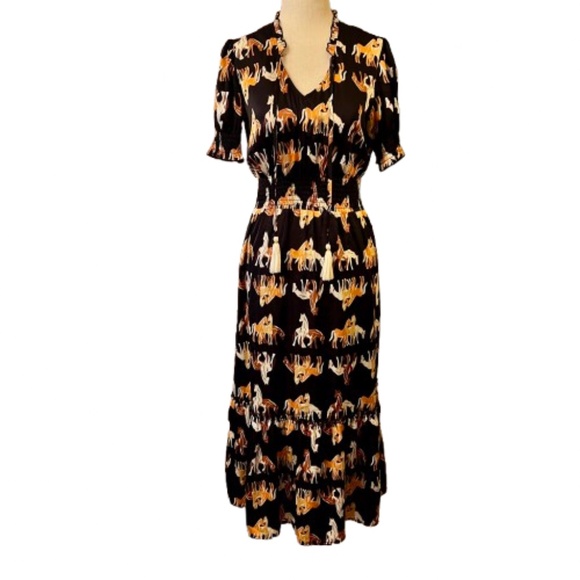 NWOT THML Black Tan Gold Horse Print Satin Midi Maxi Dress Size XS - Picture 1 of 6